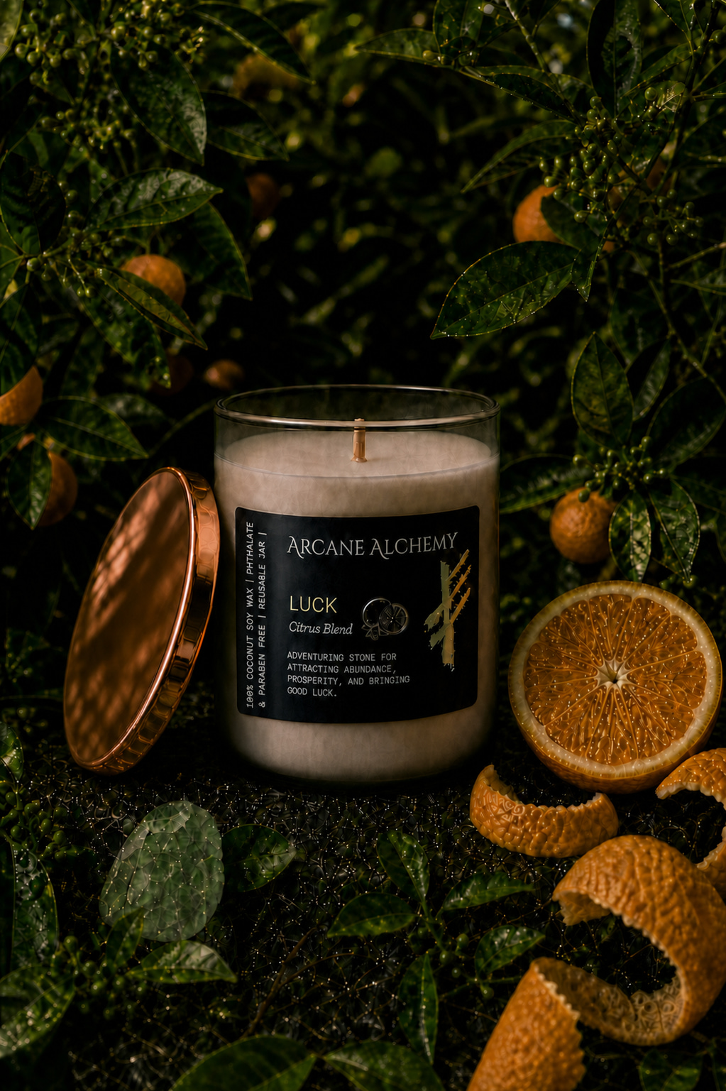 Unlit Arcane Alchemy Citrus Luck candle in rounded smoky glass with its copper lid physically leaning against the jar, citrus and a rough pale-green stone