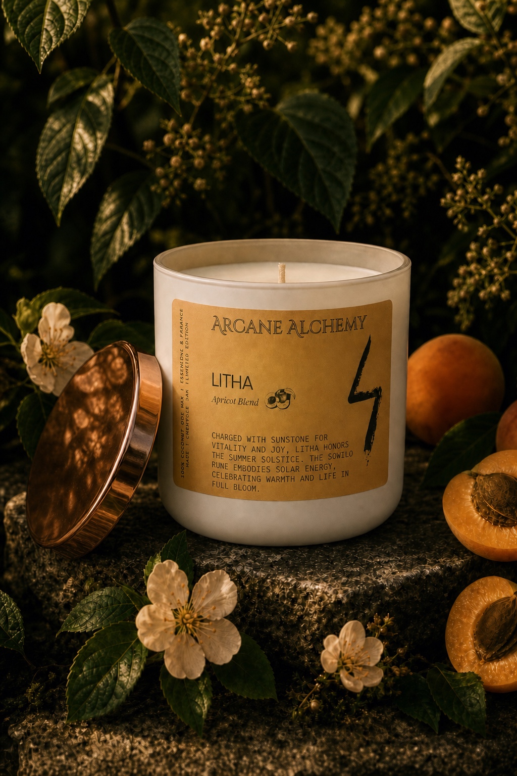 Litha seasonal apricot candle in its warm cream vessel
