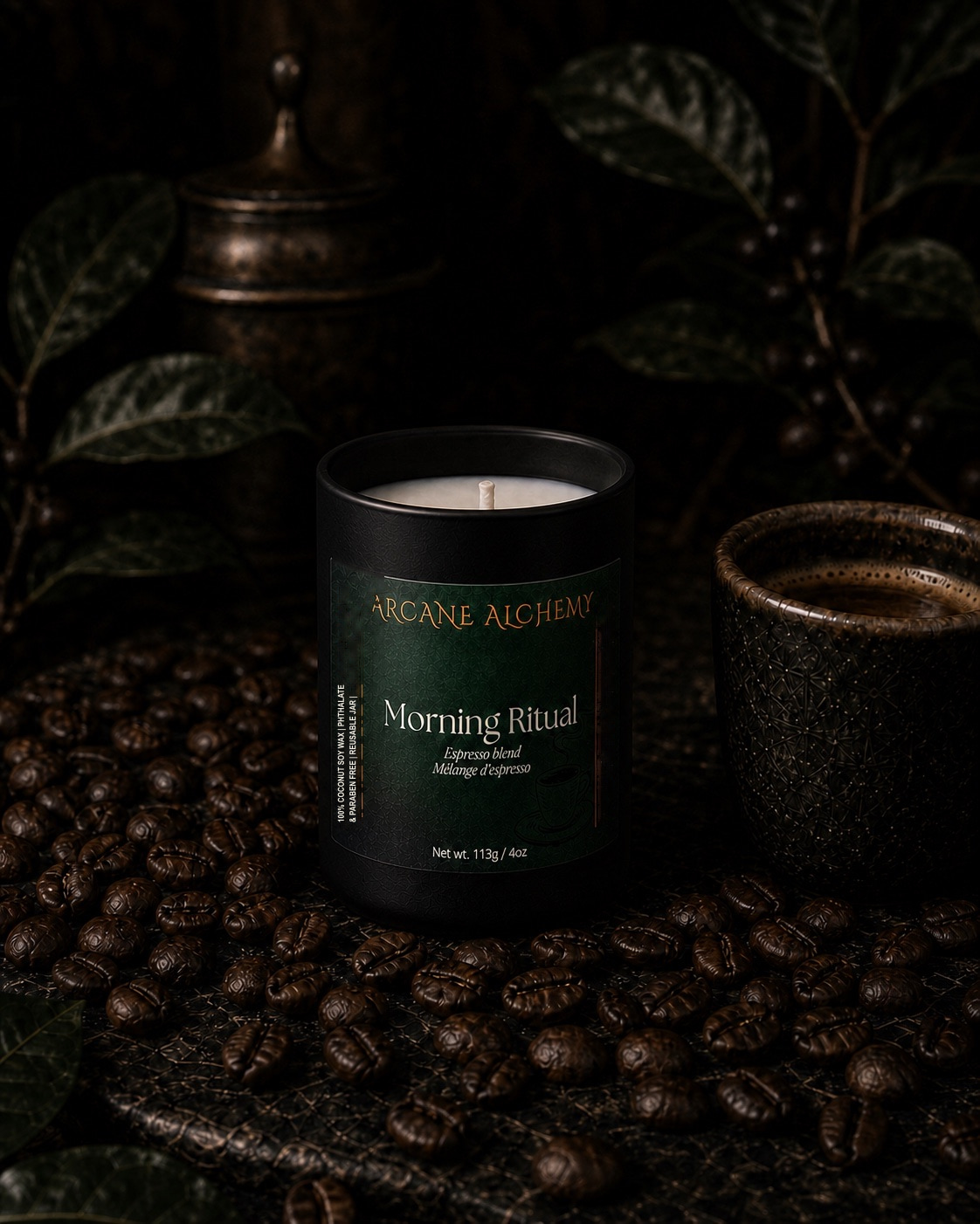 Arcane Alchemy Morning Ritual compact 4 oz candle in its slim black jar without a lid