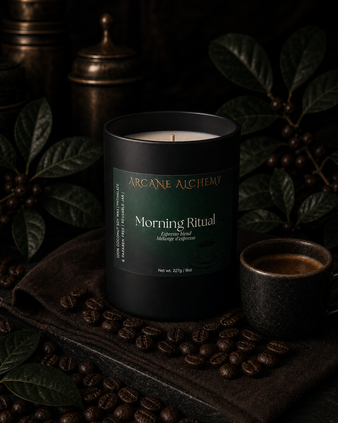 Unlit Arcane Alchemy Morning Ritual espresso candle in its smooth matte-black jar without a lid, surrounded by coffee beans and dark linen