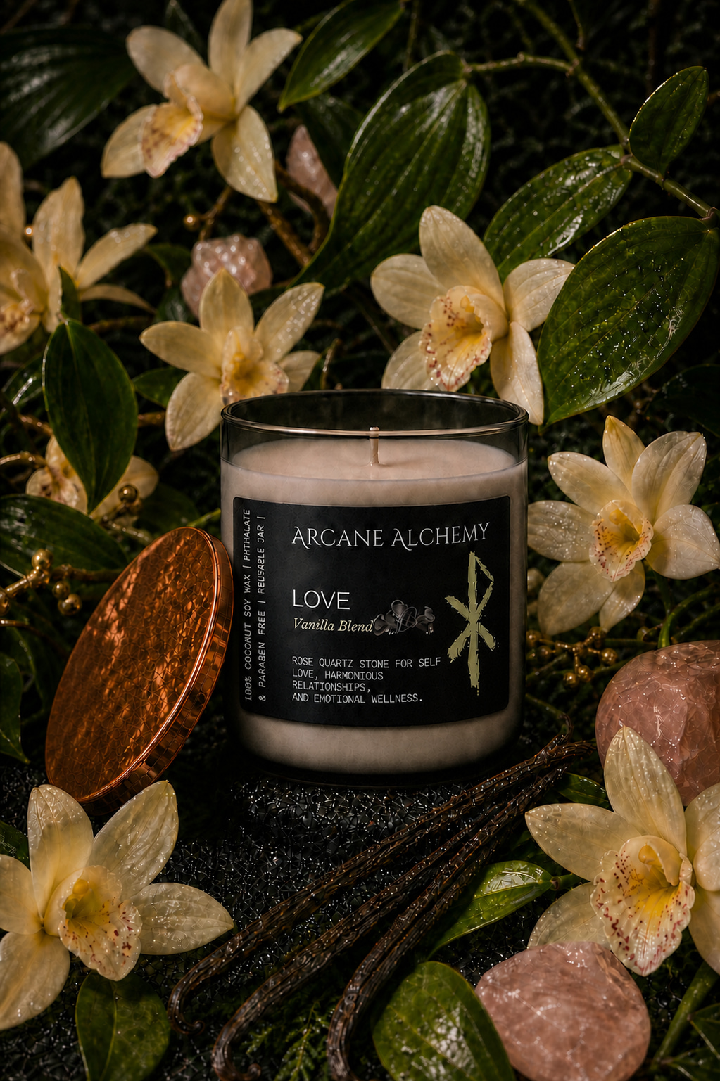 Unlit Arcane Alchemy Vanilla Love candle in rounded smoky glass with its copper lid leaning against the left side, vanilla orchids, vanilla pods and rough rose quartz