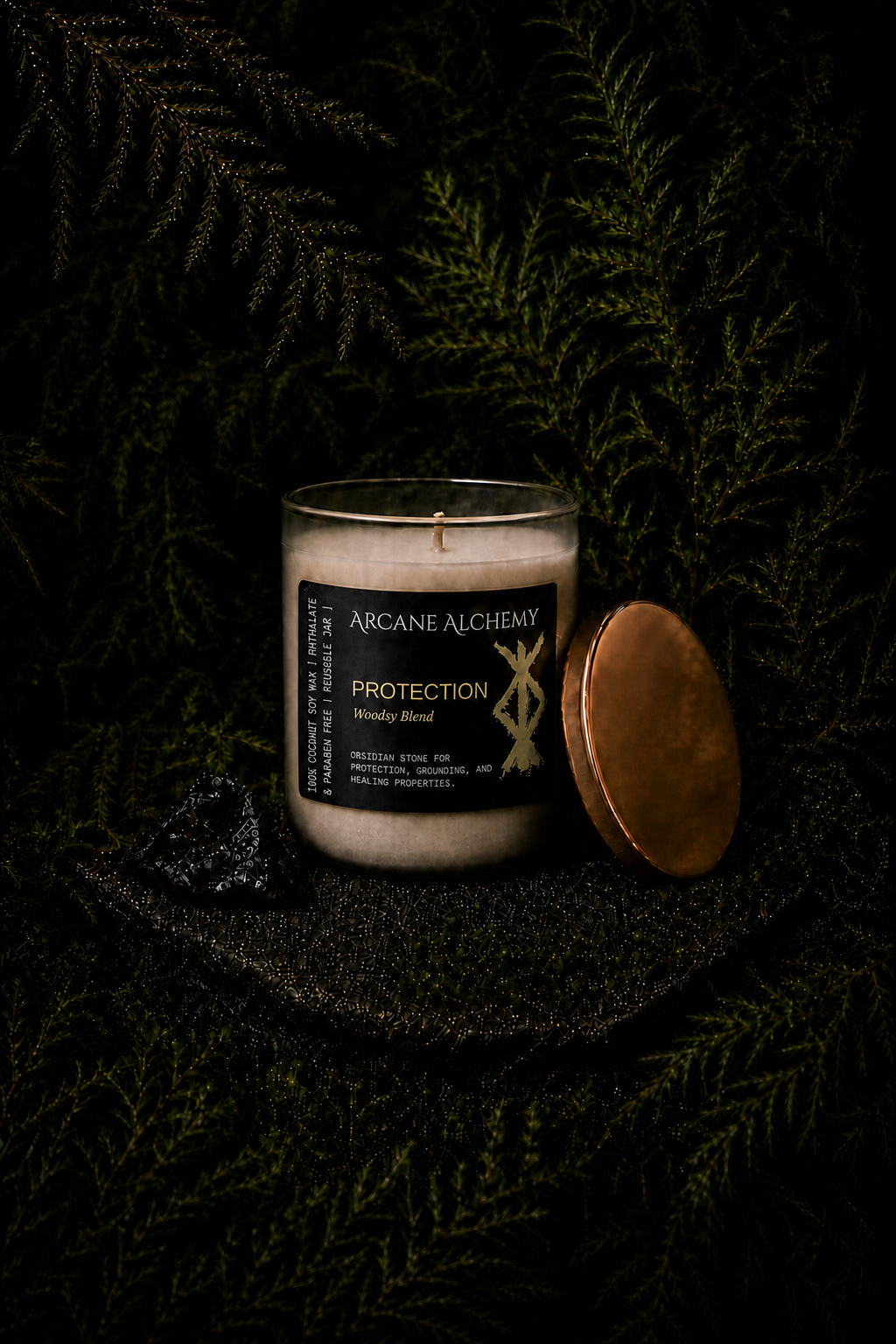Arcane Alchemy Woodsy Protection intention candle in a dark cedar forest setting